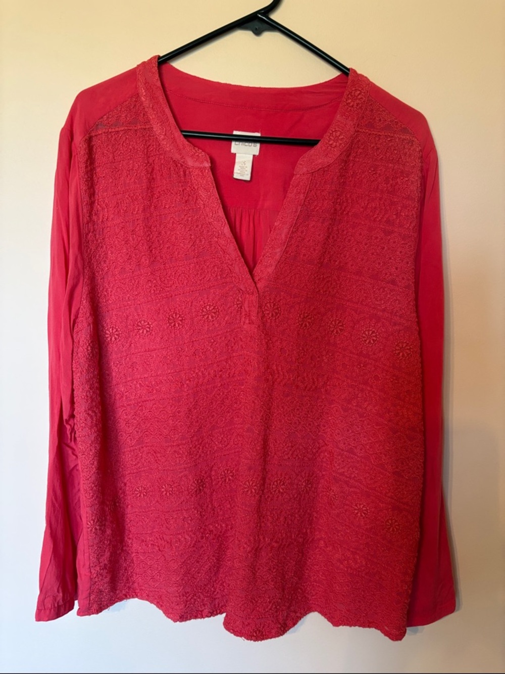 Chico's Embroidered Coral-Red Long Sleeve Tunic
